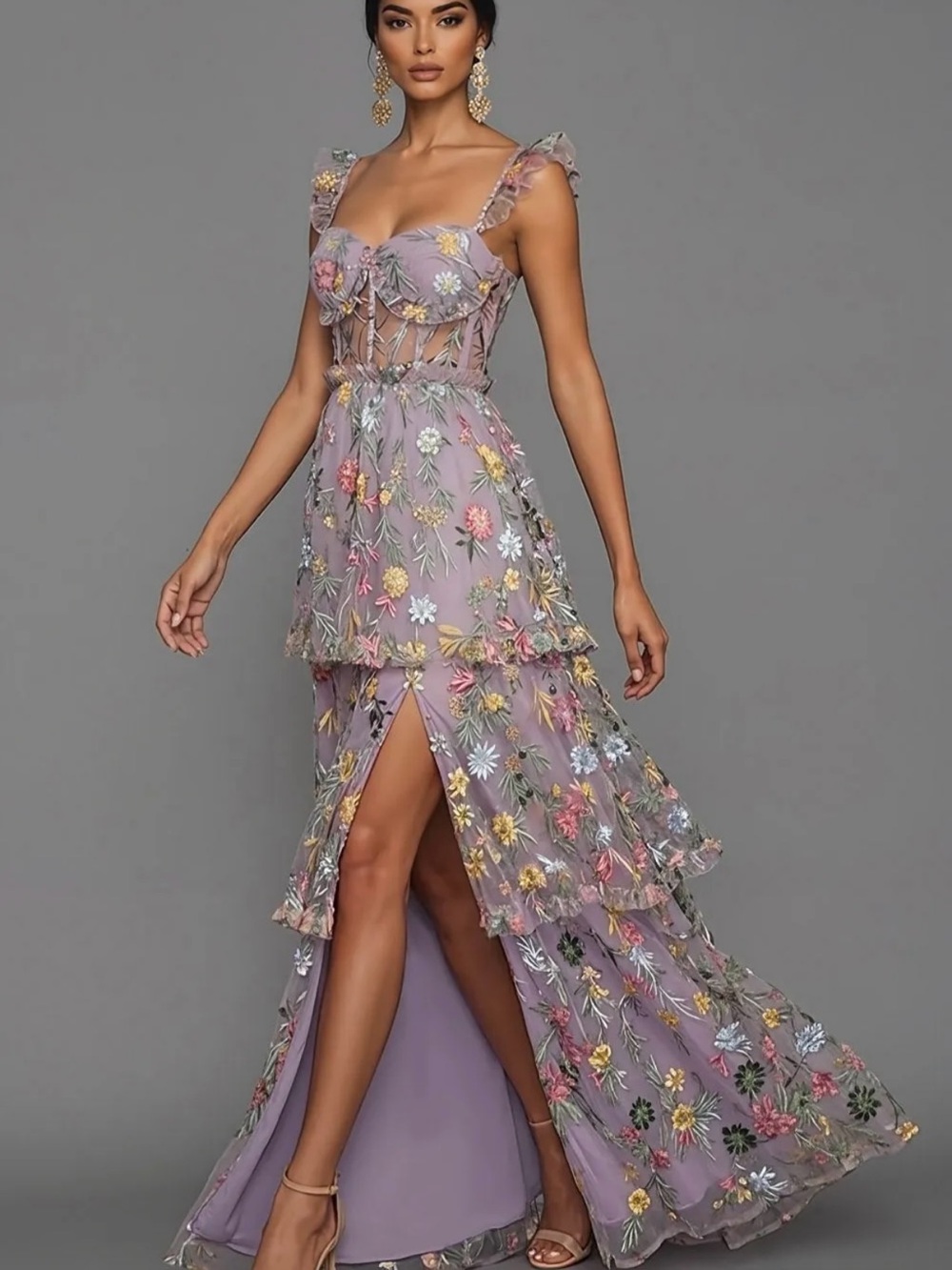 Leely Mauve Corset A Line Floral Embroidered Long Formal Dress with Slit